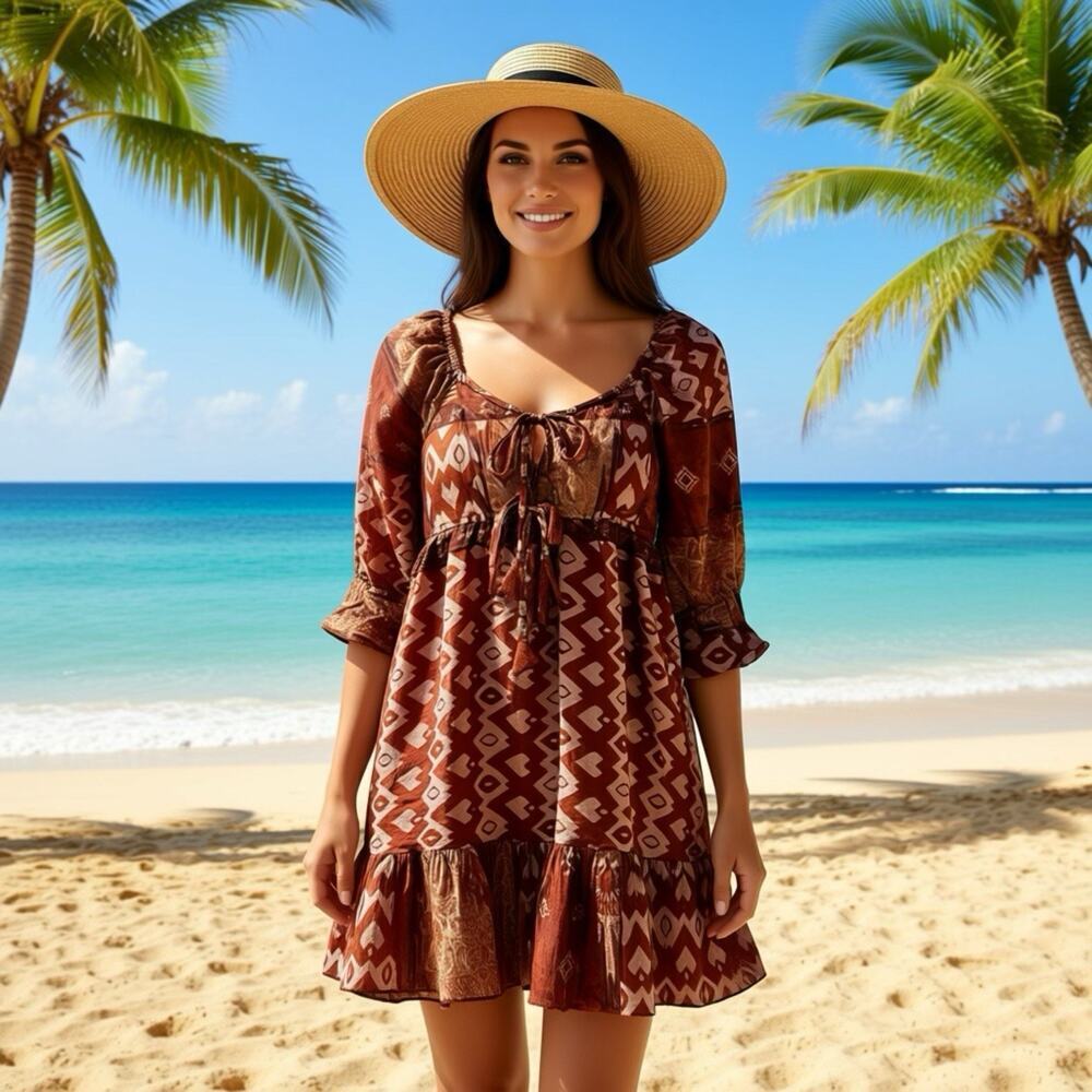 Mini Smocked Dress S Hippie Indian Festival Bohemian 3/4 Sleeve Geo Silky Statin